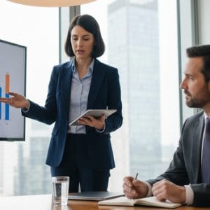 a woman presenting in a meeting while a guy listens