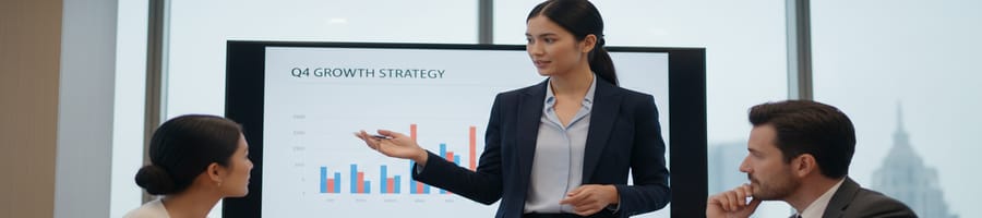 two people listening to a woman presenting in a meeting