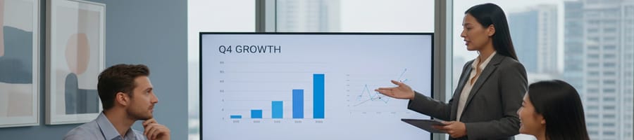 a woman presenting in a meeting while two people listens