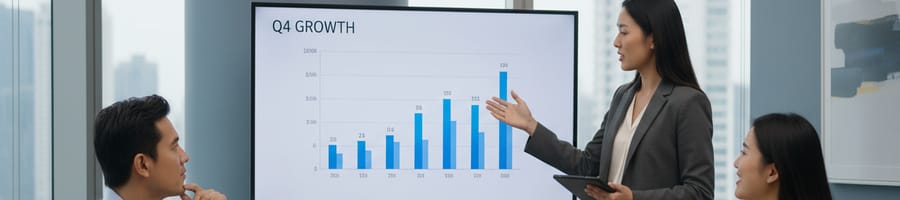 a woman presenting during a business meeting while two people listen