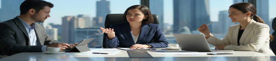 two woman and a man talking on a meeting