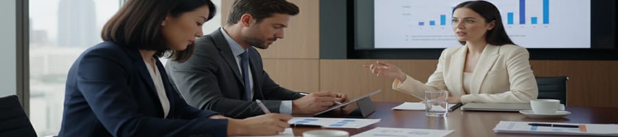 a woman talking while two colleagues wrote notes