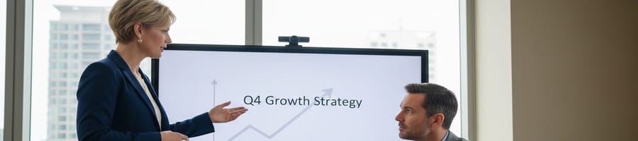 a woman presenting in a meeting while a guy listens