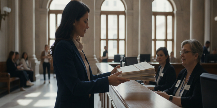 a woman submitting files in a government agency