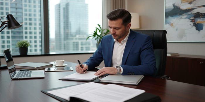a guy filling out forms in his office