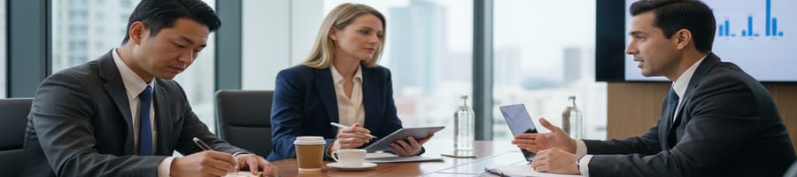 three people talking in a meeting