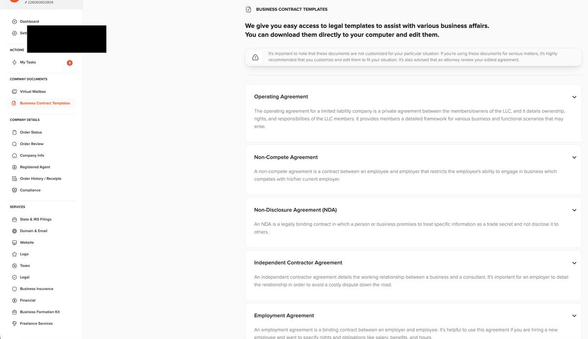 Bizee dashboard business contract templates showing operating agreement non-compete NDA independent contractor agreement and employment agreement with disclaimer that documents are not customized for specific situations