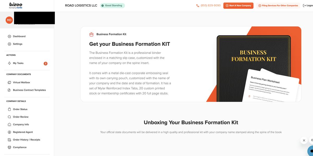 Bizee dashboard business formation kit showing professional binder slip case corporate embossing seal mylar index tabs and 20 membership certificates plus Xero accounting 6 month free trial