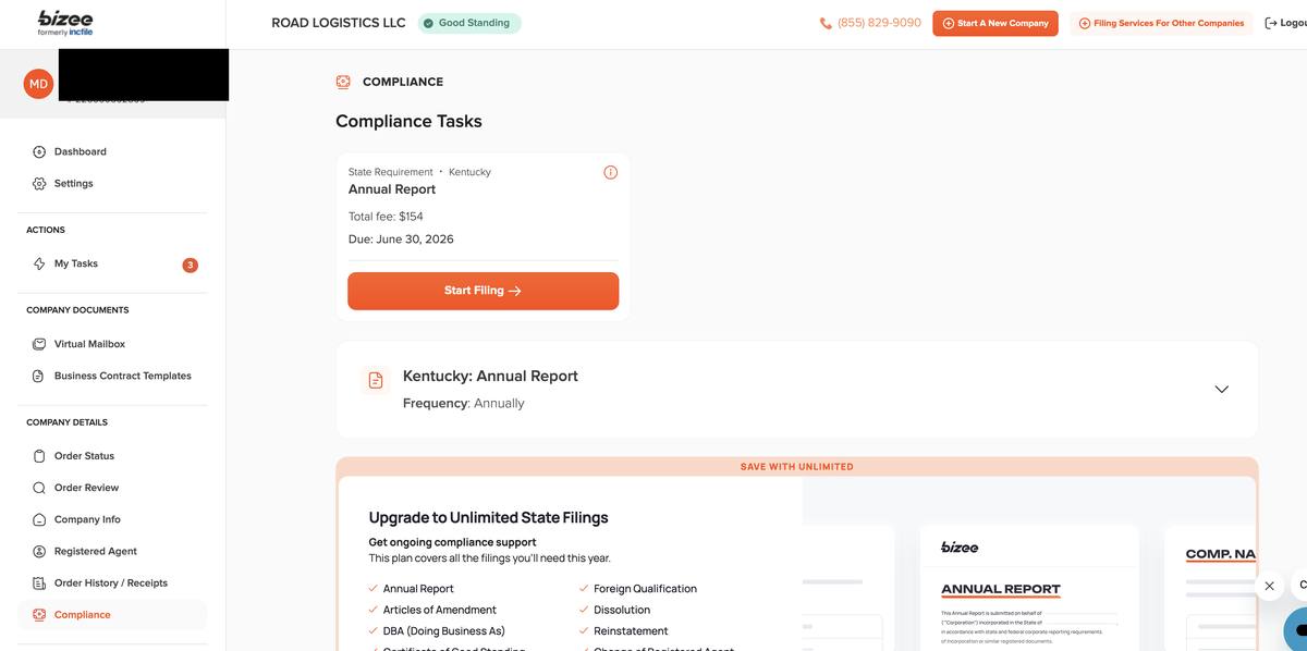 Bizee compliance dashboard showing Kentucky annual report due June 30 2026 with $154 total fee and start filing button with unlimited state filings upgrade option visible