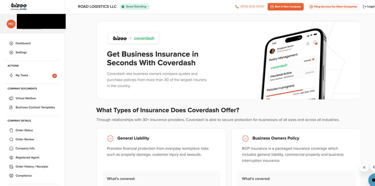 Bizee dashboard Coverdash business insurance integration showing coverage from 30 plus insurers including general liability and business owners policy with policy management interface