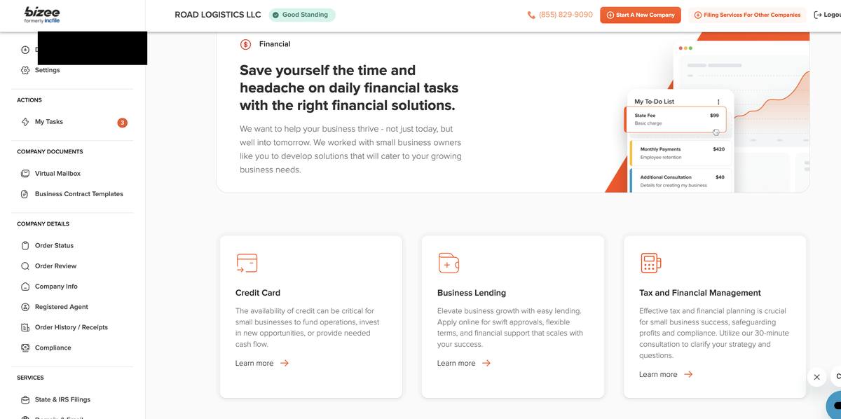 Bizee dashboard financial services section showing business credit card section business lending options and tax financial management consultation with 30-minute free consultation available