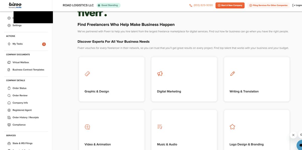 Bizee dashboard Fiverr freelance services partnership showing categories including graphic design digital marketing writing translation video animation and logo design accessible from dashboard
