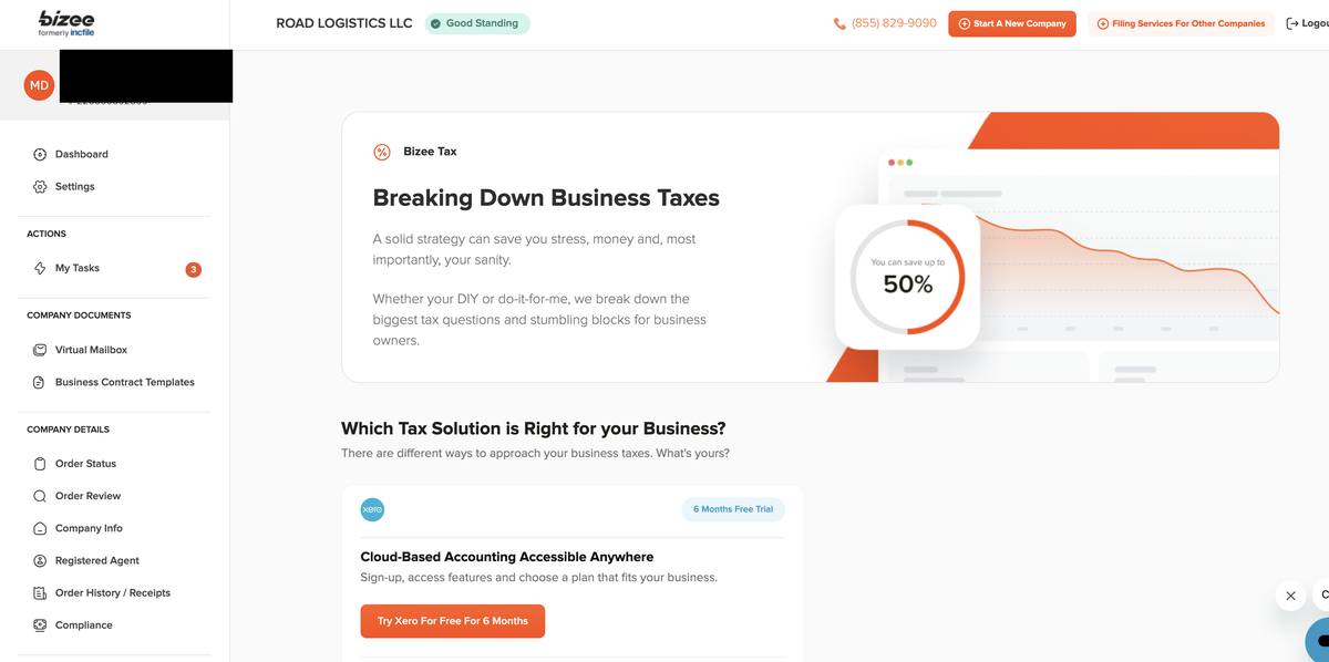 Bizee dashboard home screen showing Road Logistics LLC good standing status business tax breakdown content Xero 6-month free trial offer and navigation sidebar
