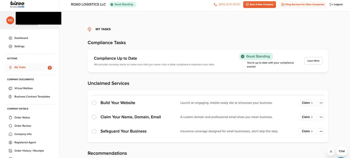 Bizee dashboard my tasks section showing compliance up to date good standing status and unclaimed services including build website claim domain email and safeguard business insurance
