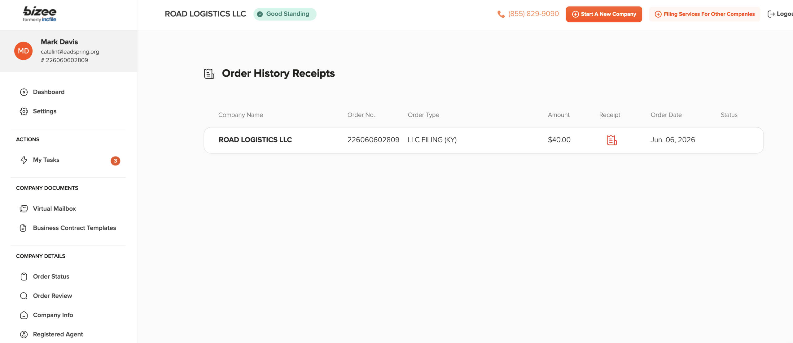 Bizee dashboard order history receipt showing Road Logistics LLC Kentucky filing total of $40