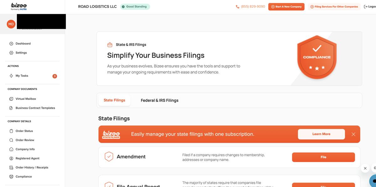 Bizee dashboard state and IRS filings section showing two tabs for state filings including amendments and annual reports and federal IRS filings with manage your state filings subscription option