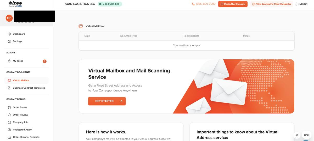 Bizee dashboard virtual mailbox section showing empty mailbox with Get Started button and explanation of virtual mailbox service with fixed street address and correspondence access