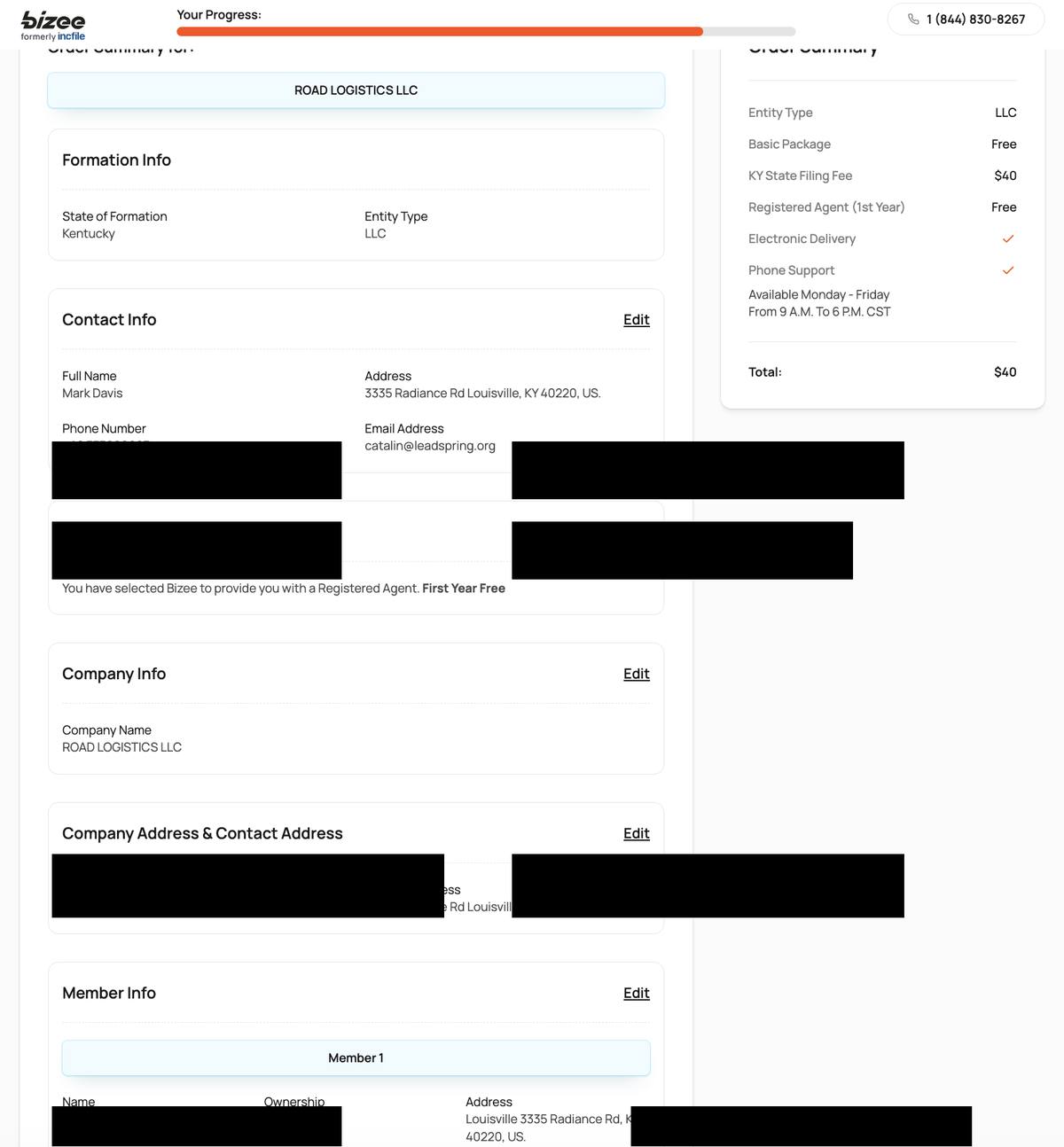 Bizee formation final order review screen showing Road Logistics LLC Kentucky formation details member information registered agent and $40 total with edit buttons on every section