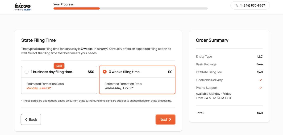 Bizee formation filing speed selection screen showing standard 3 weeks free versus expedited 1 business day for $50 with estimated formation dates June 8 versus July 8 for Kentucky
