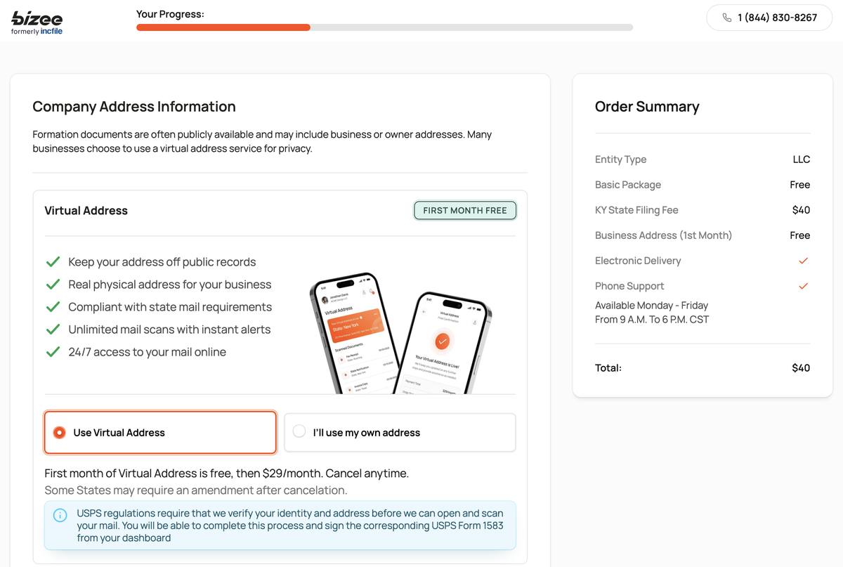 Bizee formation virtual address upsell screen showing first month free then $29 per month with mail scanning privacy protection and USPS Form 1583 verification requirement noted