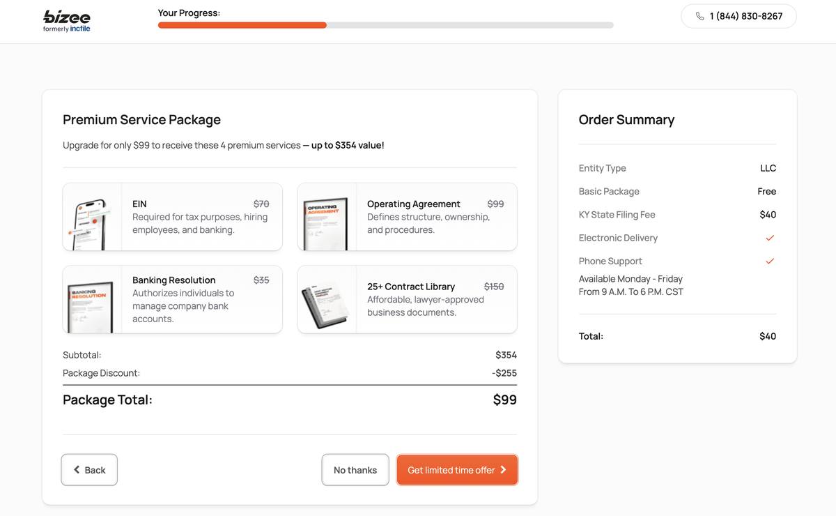 Bizee formation premium bundle upsell screen showing $99 for EIN operating agreement banking resolution and 25 plus contracts with combined value of $354 and $255 discount shown