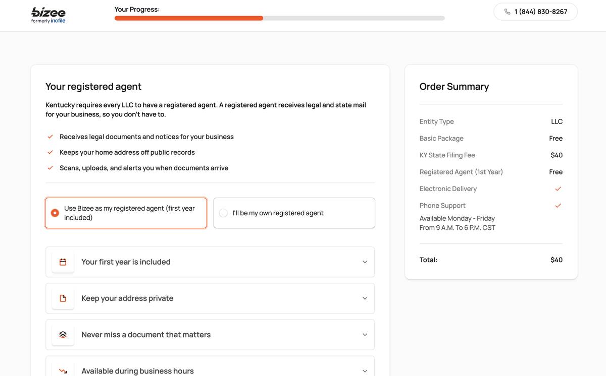 Bizee formation registered agent selection screen showing first year free option with benefits including legal document receipt home address privacy mail scanning and business hours availability