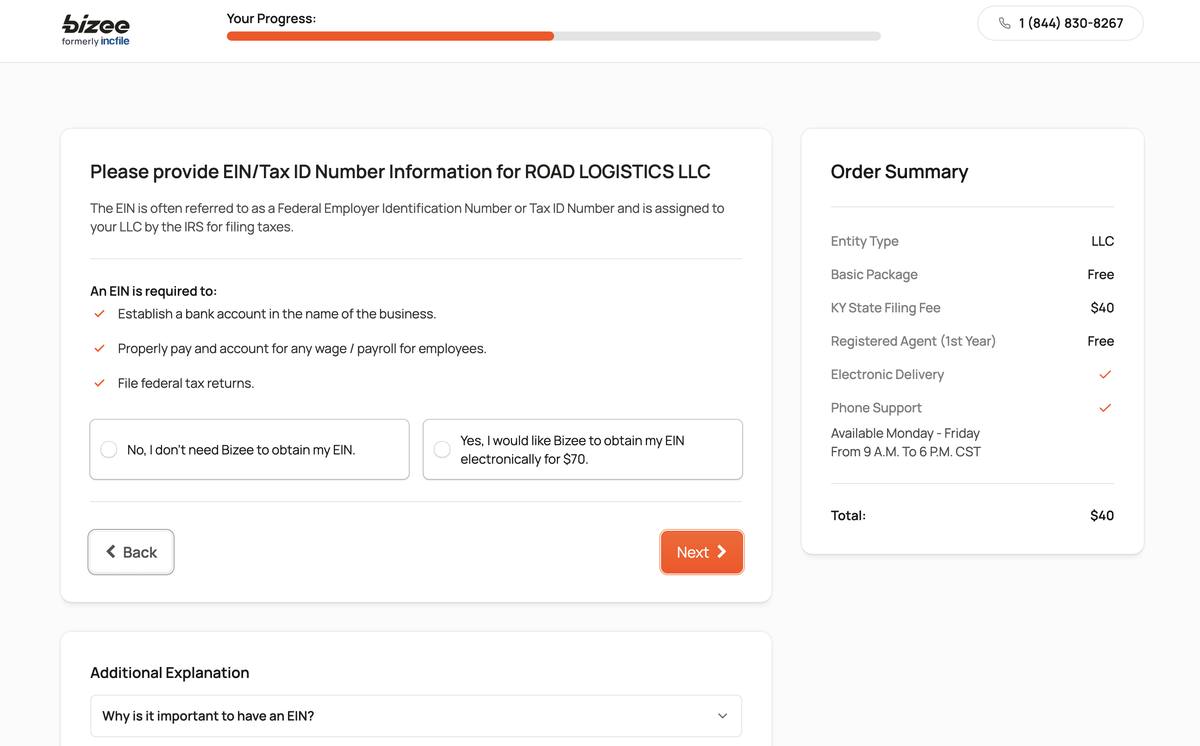 Bizee formation EIN standalone upsell screen showing $70 for federal tax ID number with explanation of why EIN is needed for banking payroll and tax returns