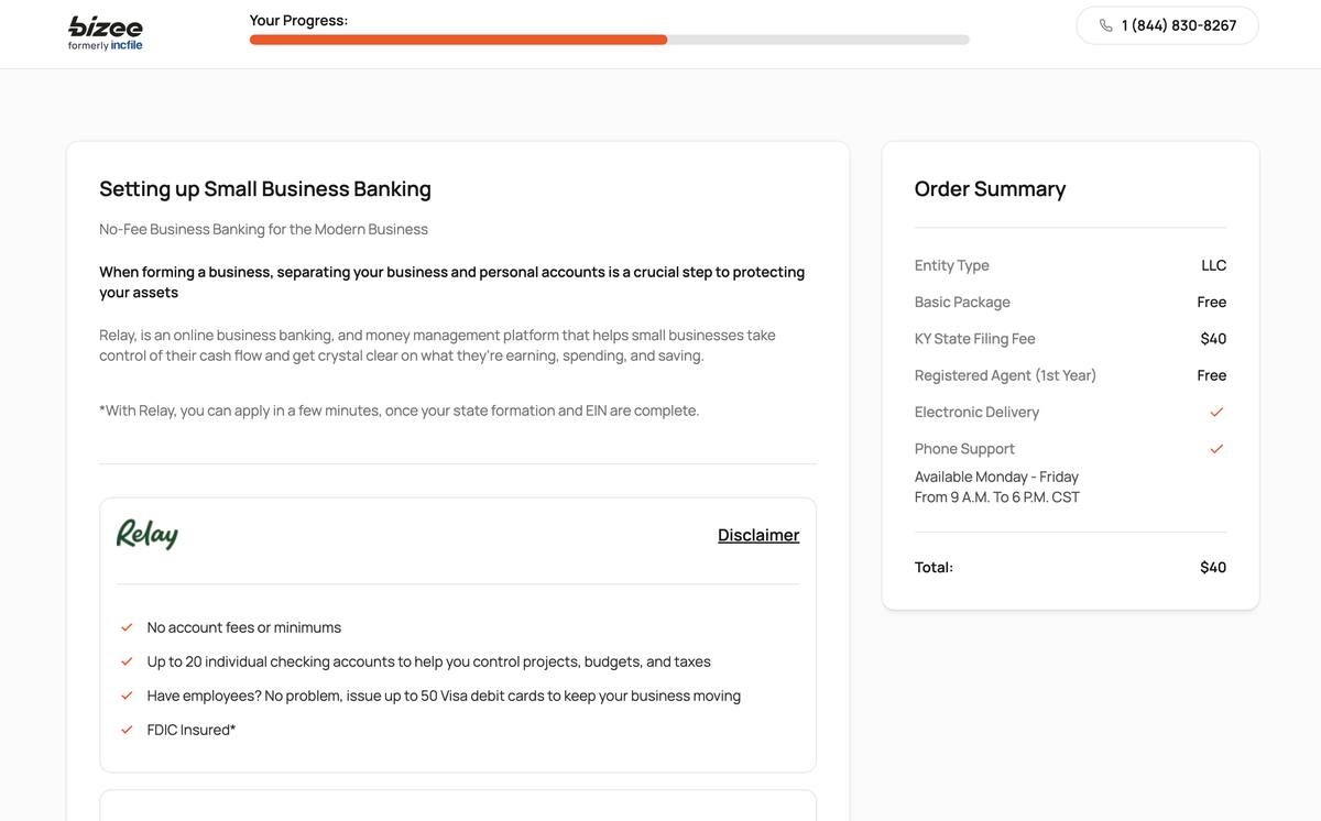 Bizee formation Relay business banking referral screen showing no account fees no minimums up to 20 checking accounts and 50 Visa debit cards with FDIC insurance and free application