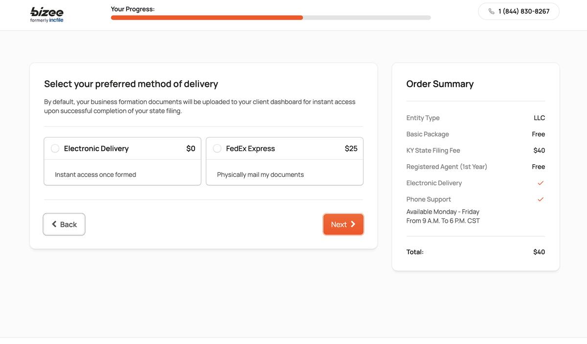 Bizee formation document delivery selection screen showing electronic delivery free with instant dashboard access versus FedEx Express physical mail for $25
