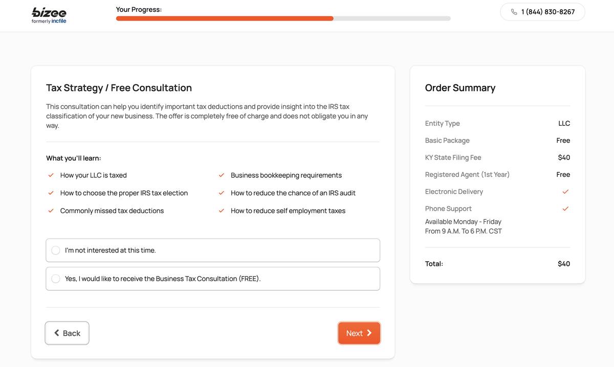 Bizee formation free tax strategy consultation screen showing topics covered including LLC taxation IRS election missed deductions bookkeeping and self-employment tax reduction with no cost