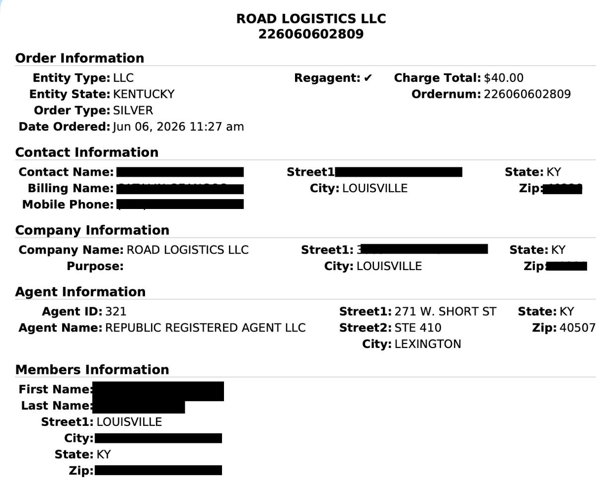 Bizee internal order details screen showing registered agent as Republic Registered Agent LLC at 271 W Short St Lexington KY 40507 as third-party provider not Bizee directly
