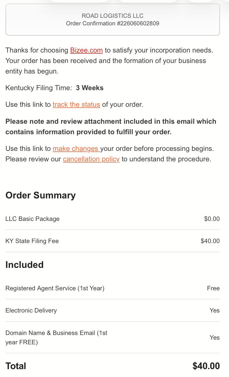 Bizee order confirmation email showing LLC Basic Package zero dollars Kentucky state fee $40 registered agent free electronic delivery yes domain and email free first year total $40