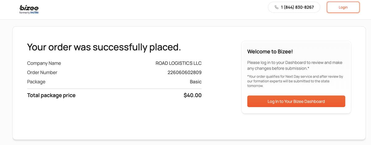 Bizee order confirmation page showing Road Logistics LLC Basic package $40 total with note that order will be submitted to state next business day after formation expert review
