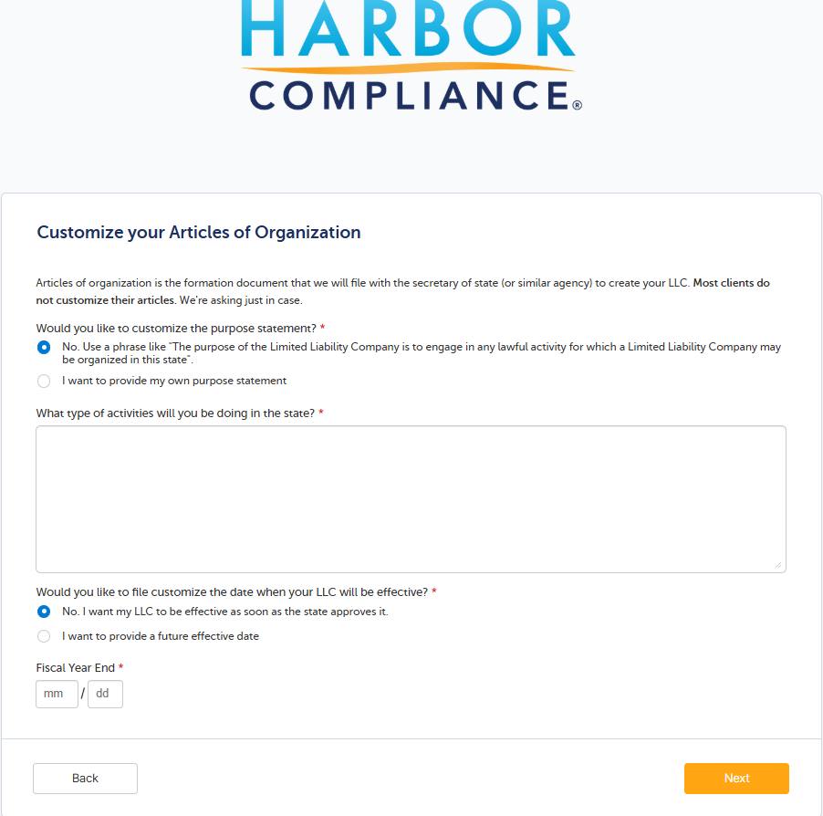 Harbor Compliance customize Articles of Organization screen in the LLC formation wizard