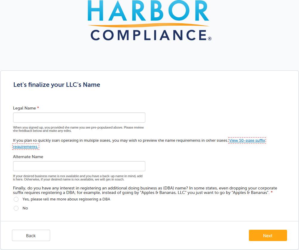 Harbor Compliance LLC name finalization screen in the formation wizard