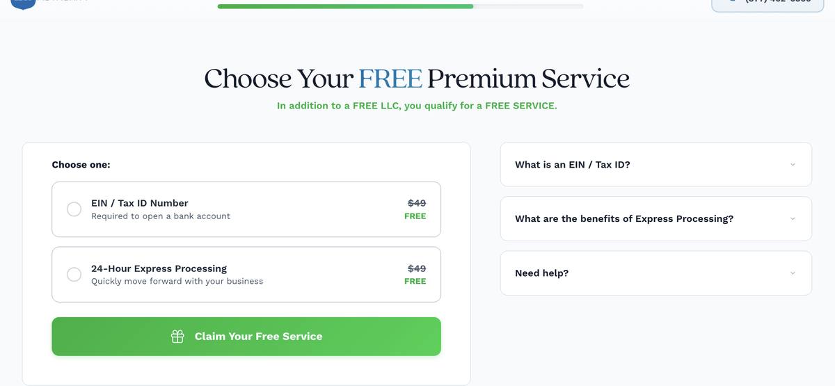 Inc Authority choose your free premium service screen showing EIN Tax ID at $49 value free or 24-Hour Express Processing at $49 value free with option to select one