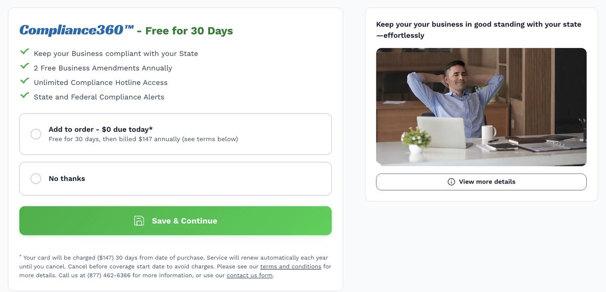 Inc Authority Compliance360 upsell screen showing free for 30 days then $147 per year with fine print stating card will be charged 30 days from purchase date with annual auto-renewal