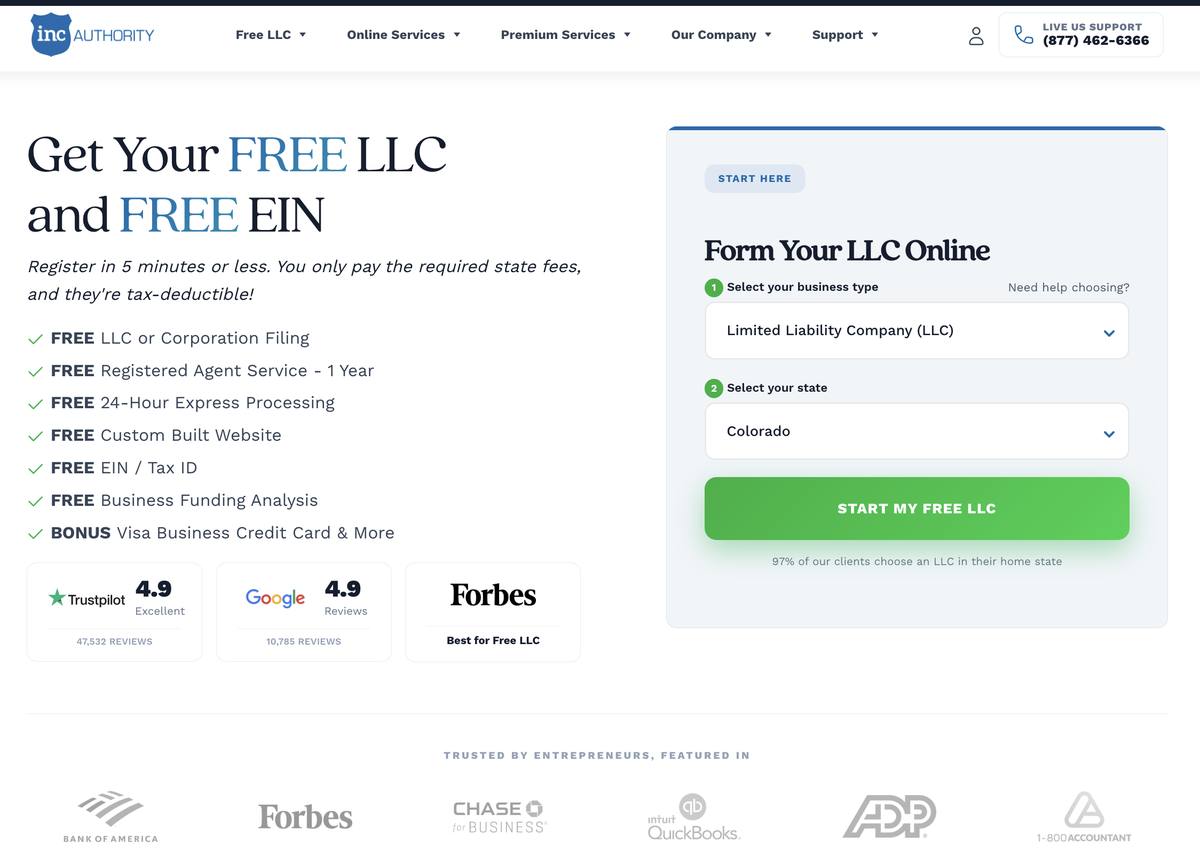 Inc Authority homepage showing free LLC filing free EIN free registered agent free express processing free custom website free business funding analysis and Visa bonus with Trustpilot 4.9 rating