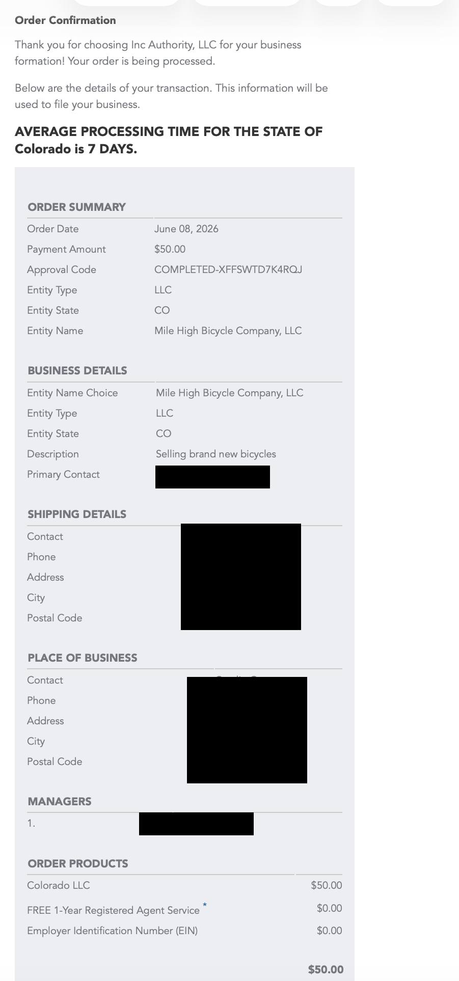 Inc Authority order confirmation showing Colorado LLC $50 registered agent service free EIN free with asterisk fine print at bottom stating card will be charged $249 approximately one year from incorporation