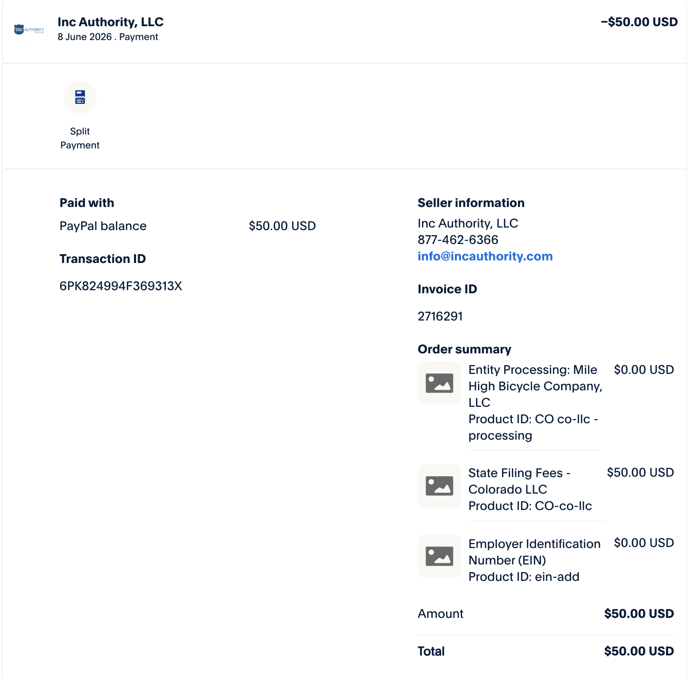 Inc Authority PayPal receipt showing $50 Colorado LLC filing payment for Mile High Bicycle Company LLC on June 8 2026