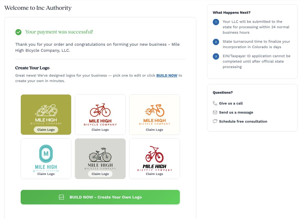Inc Authority post-payment welcome screen showing Mile High Bicycle Company LLC with six AI-generated logo options to claim or edit plus what happens next steps for state processing