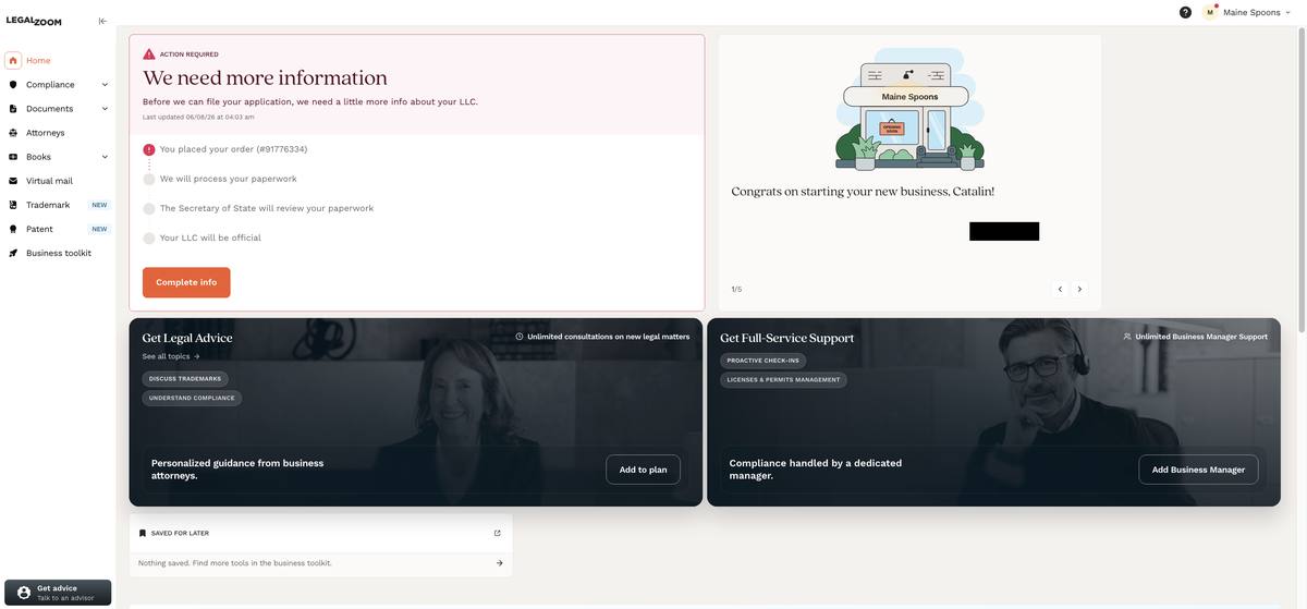 LegalZoom dashboard home screen showing Action Required banner requesting more business information before filing with order progress tracker and Business Manager upsell