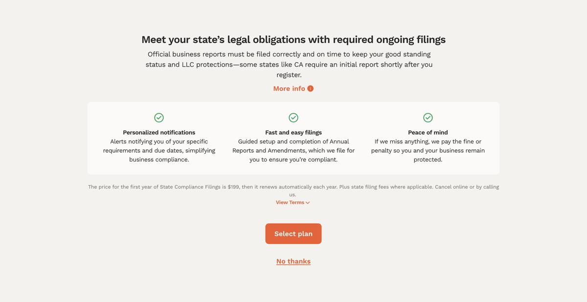 LegalZoom State Compliance Filings upsell screen showing $199 per year for annual report filing with guarantee to pay fines or penalties if deadline is missed
