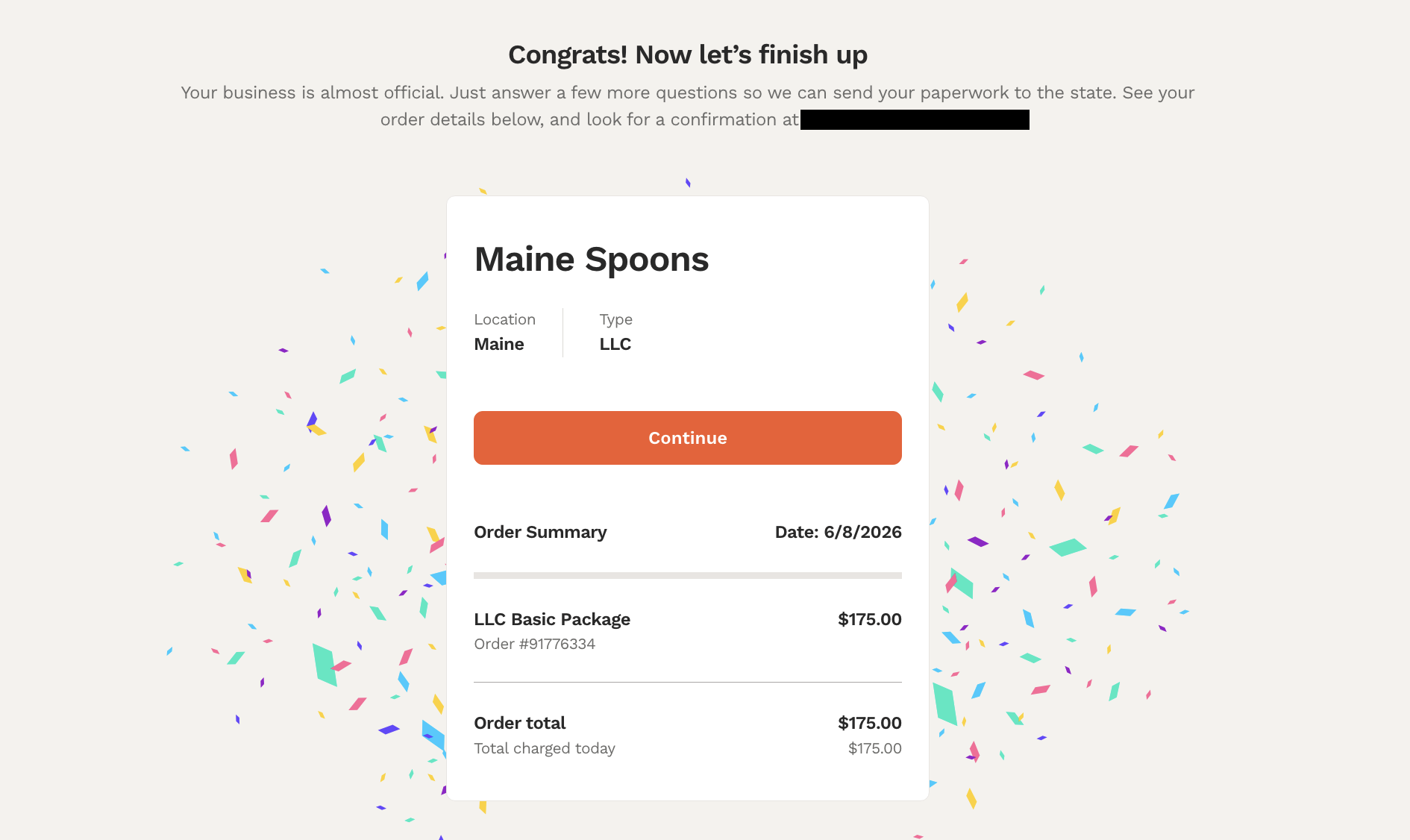 LegalZoom order confirmation showing Maine Spoons LLC Basic package total of $175 for Maine state filing fee