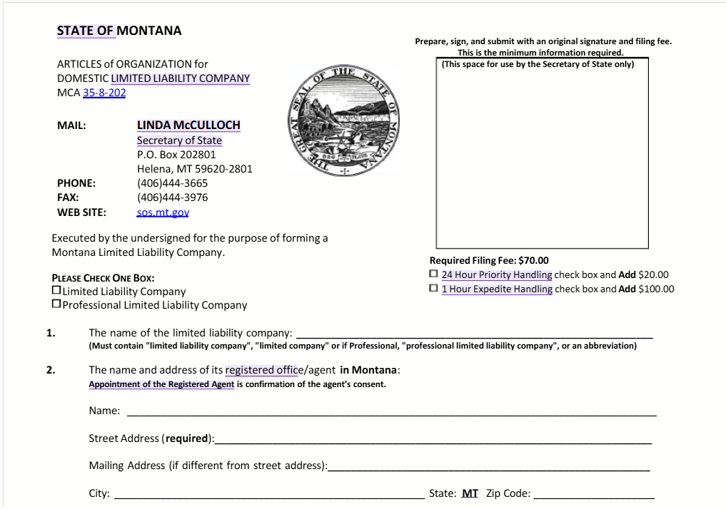 Montana Secretary of State website showing the LLC Articles of Organization online filing page
