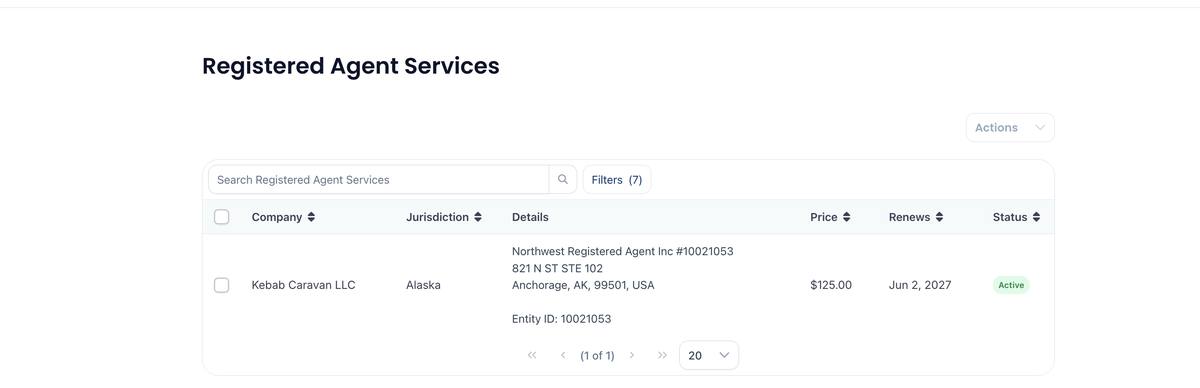 Northwest Registered Agent active registered agent service page for Alaska showing 125 annual renewal