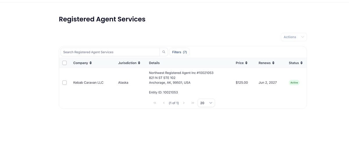 Northwest Registered Agent active registered agent service page for Alaska showing 125 annual renewal