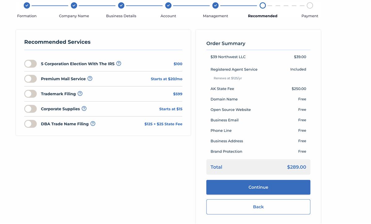Northwest Registered Agent checkout order summary screen showing $39 formation fee with free domain email phone website and brand protection listed before payment