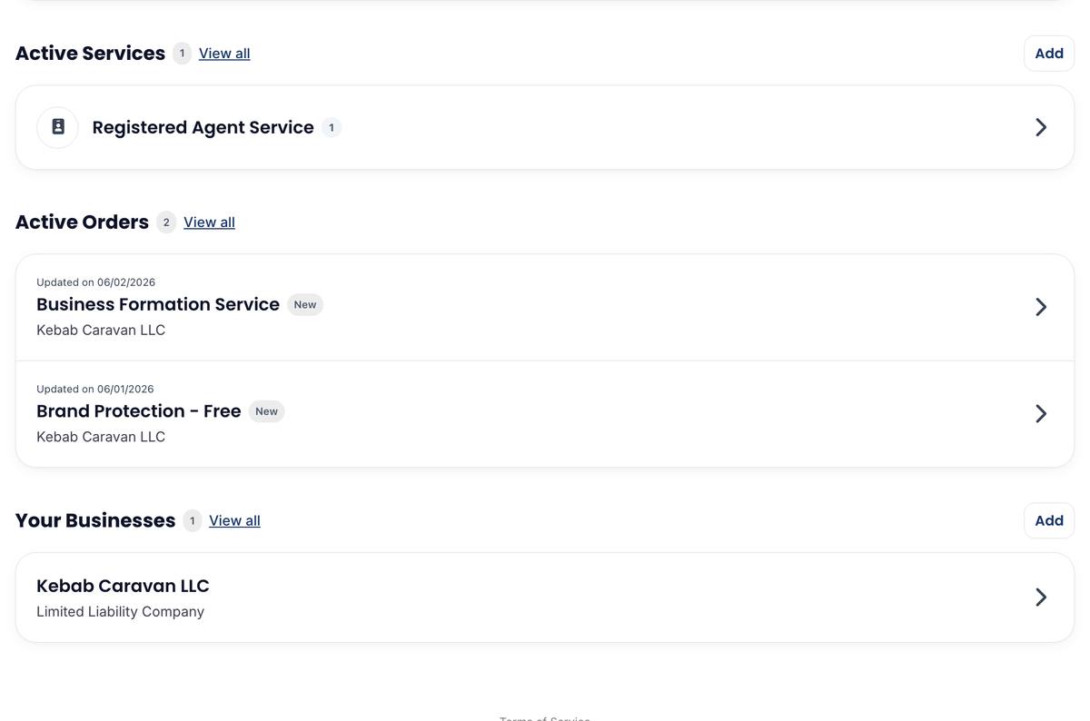 Northwest Registered Agent client dashboard overview showing active services and orders