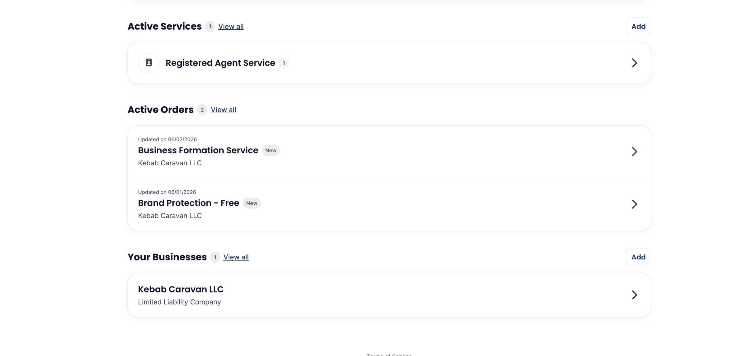 Northwest Registered Agent client dashboard showing active services orders and business listing after LLC formation purchase